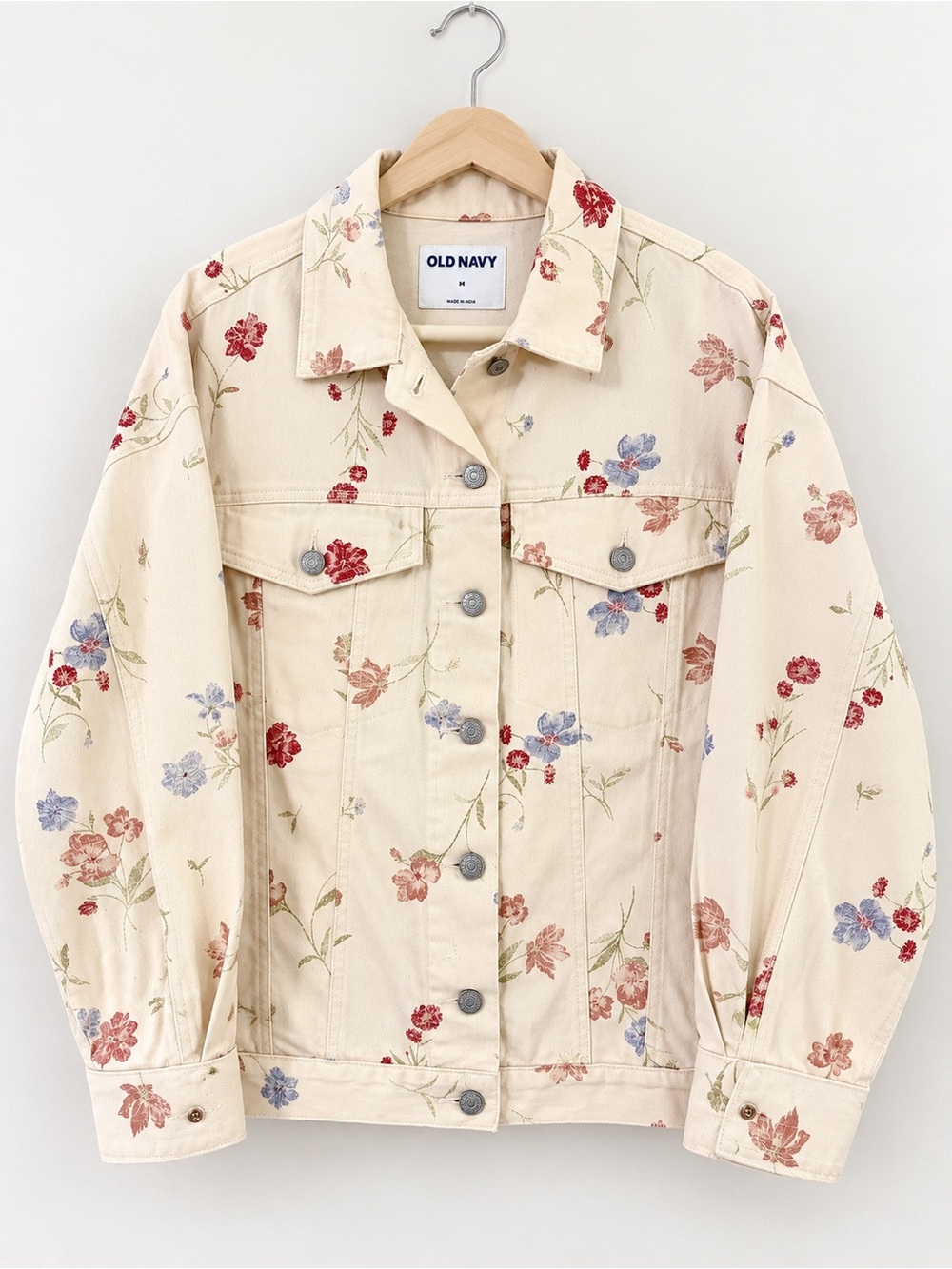 Old Navy Oversized Floral Print Jean Trucker Jacket Ecru Medium NWT